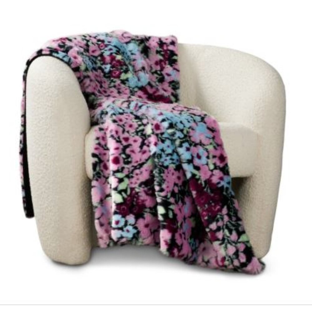 Aqua Floral Faux Fur Throw, 50 X 70